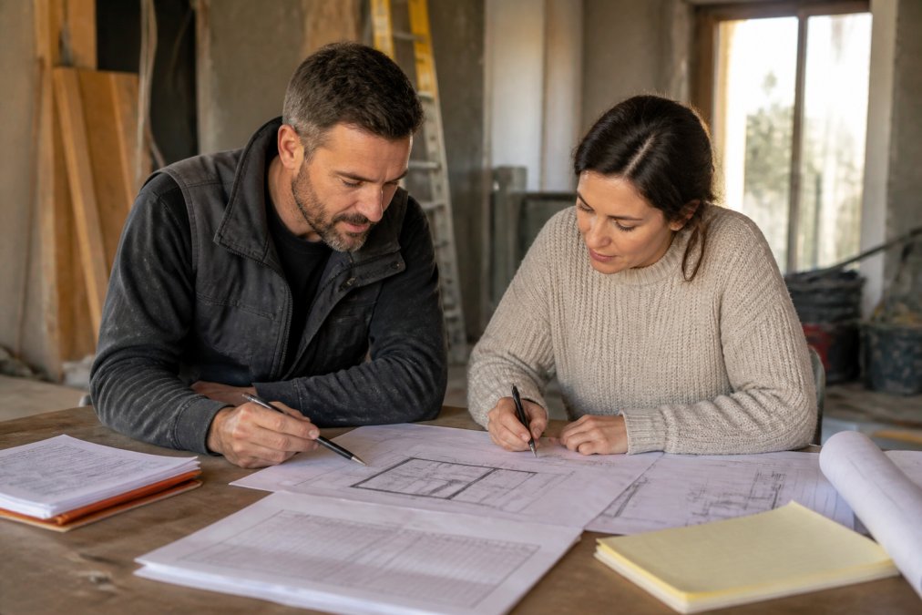 Een huiseigenaar en ervaren aannemer die samen over gedetailleerde bouwplannen, budgetlijsten en projectschema's gebogen zitten aan een houten tafel, beide concentreren zich intens op de papieren met pennen in hand