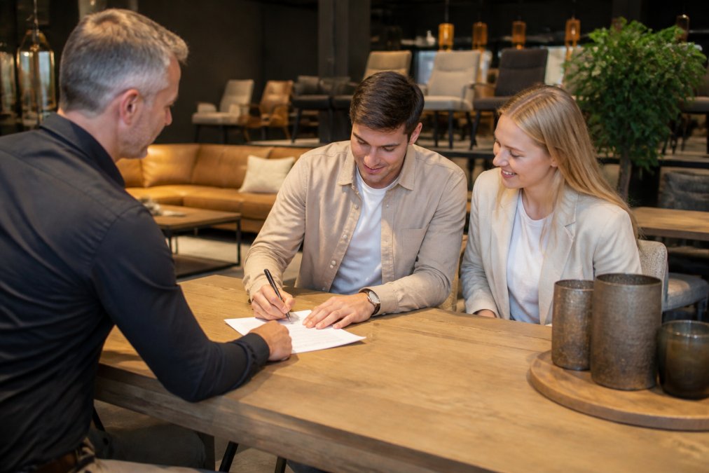 Hand die een betaalbewijs ondertekent in een moderne woonwinkel, met vertrouwde sfeer en professionele omgeving