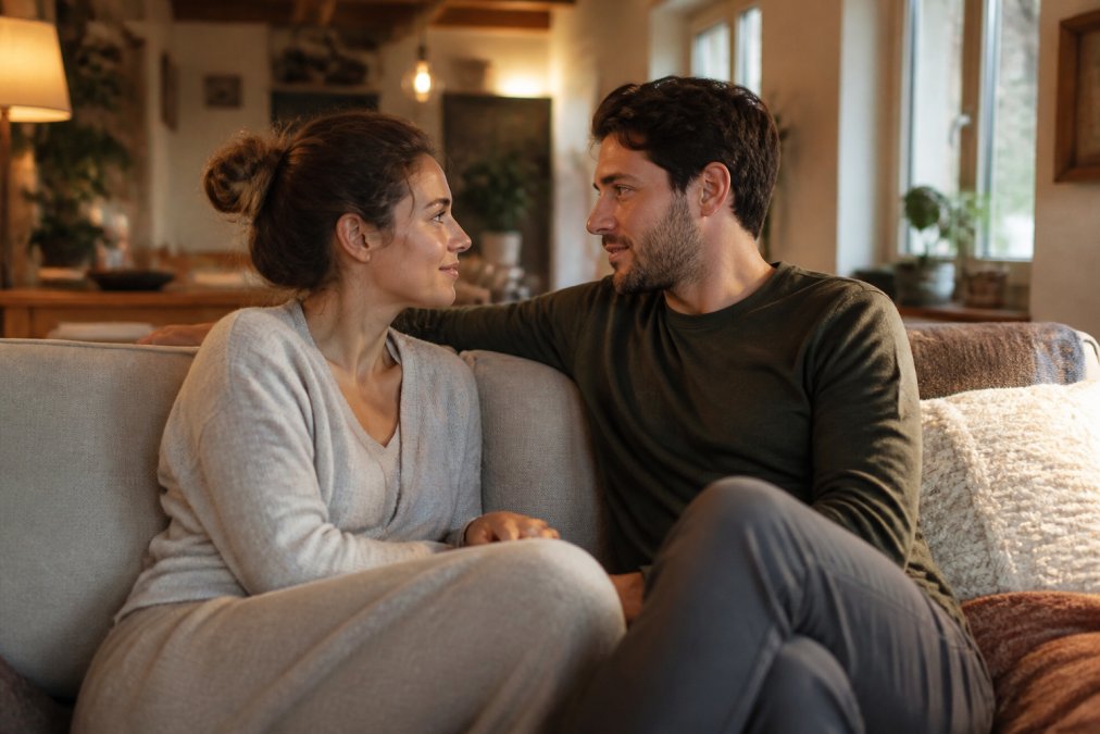 Een koppel zit dicht bij elkaar op een comfortabele bank in warme huiselijke sfeer, in diep gesprek met vol oogcontact, hun lichamen naar elkaar toe gericht, ontspannen en verbonden