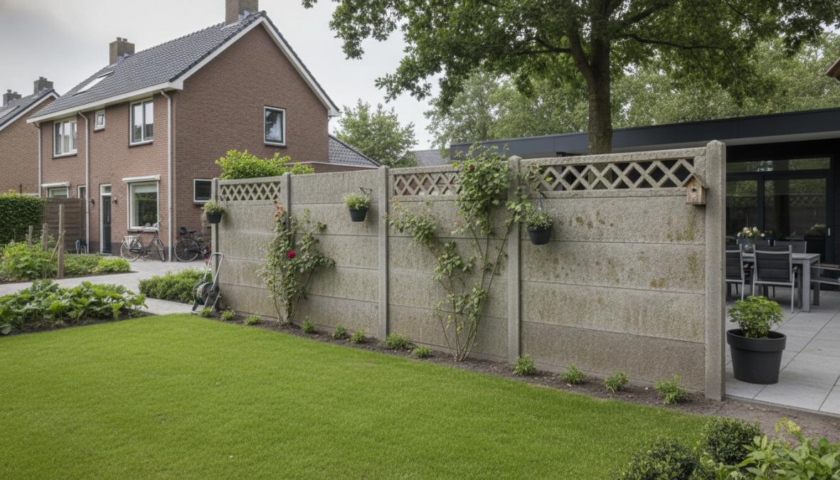 Moderne Nederlandse achtertuin op een zonnige dag met een hout-betonschutting bestaande uit grijze betonpalen en lichte houten planken, omgeven door groen heesters en een strak betegeld terras