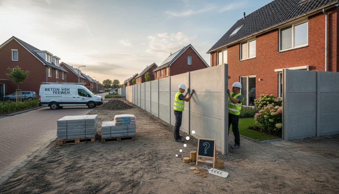 Twee bouwvakkers in werkkleding die betonnen schuttingpalen plaatsen in een woonwijk in Eindhoven, Nederland, een houdt een waterpas tegen de paal terwijl de ander hem vastzet in de grond, middagzon, buitenwijk
