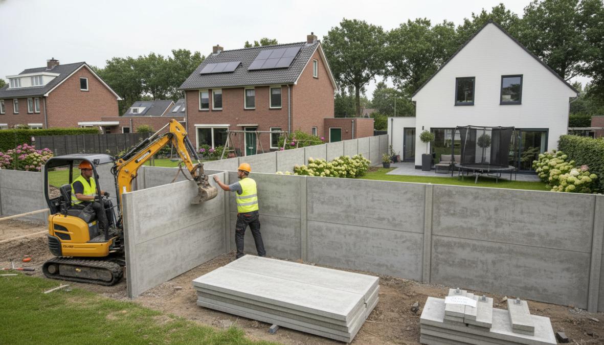 Netjes geplaatste hout-betonschutting in een goed onderhouden Nederlandse tuin met betonnen palen, horizontale houten planken, groene borderbeplanting langs de schutting en een helderblauwe lucht op de achtergrond