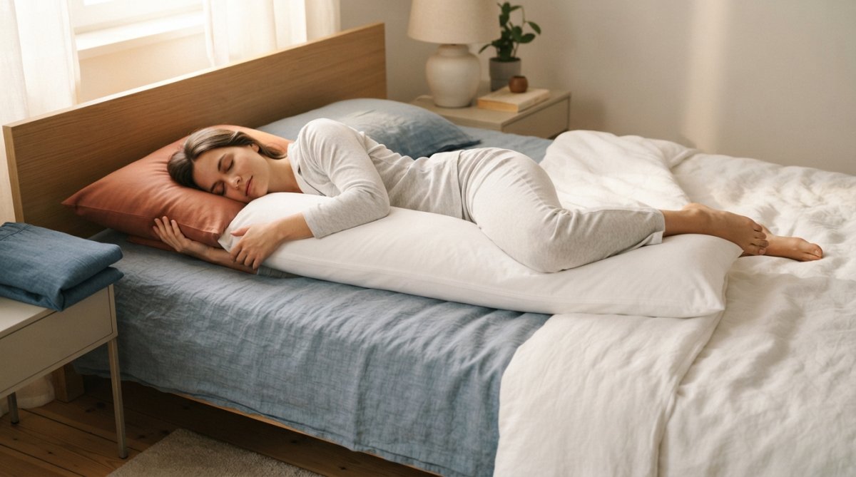 Seitenschläfer im Bett, der ruhig mit einem Rollkissen zwischen den Knien schläft, seitliches Gesicht sichtbar, sanftes Morgenlicht durch das Fenster