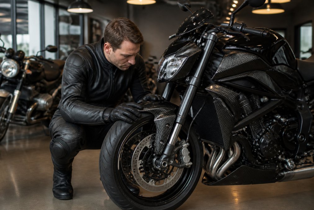 Motorrijder inspecteert remklauwen van een zwarte naked bike bij performance motoren in een showroom.