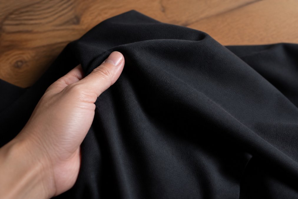 Nærbillede af en hånd, der holder det bløde, glatte stof fra en sort T-shirt, med bomuldens fine tekstur synlig i naturligt lys