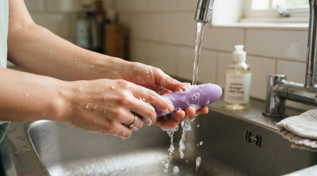 Handen die voorzichtig een siliconen speeltje onder warm water met milde zeep reinigen, met schuim en waterdruppels zichtbaar
