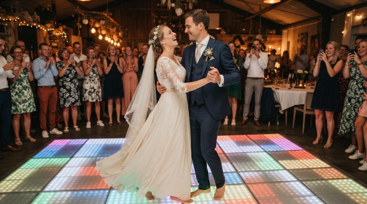 Bruidspaar dansend op een verlichte LED dansvloer met dynamische RGB-kleuren en sterrenlichteffecten, omringd door gasten die toekijken en genieten, feestelijke bruiloftssfeer met warm geel en blauw licht