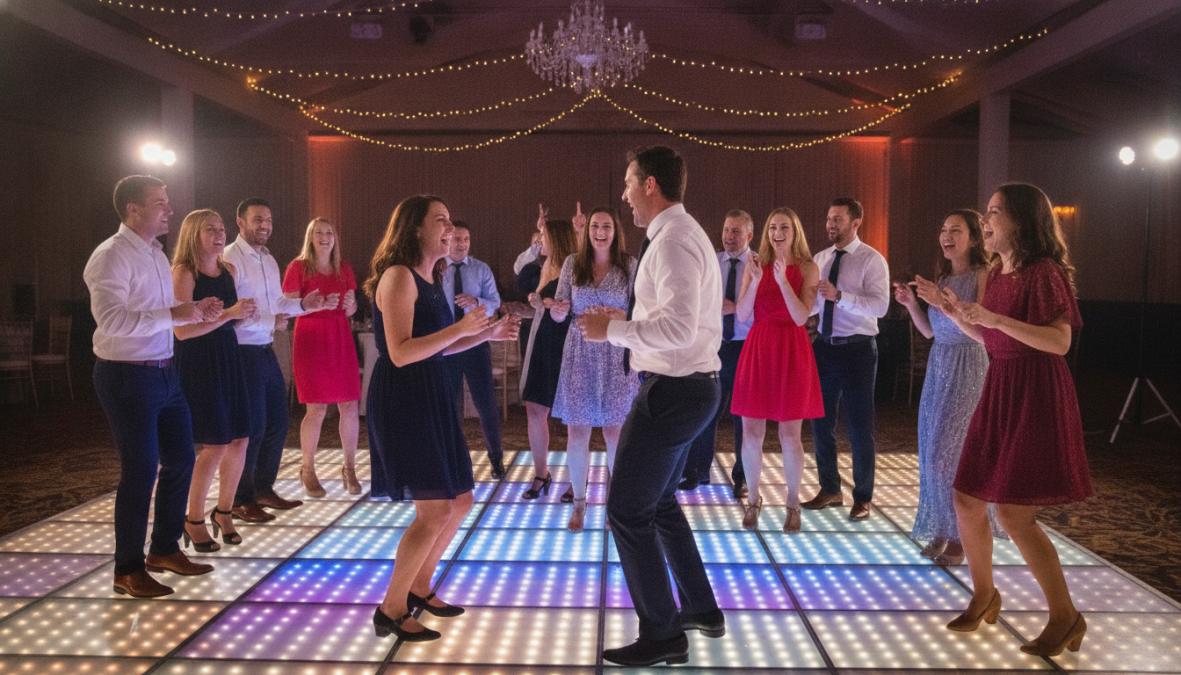 Groep enthousiaste feestgangers danst op een kleurrijke LED dansvloer, wat de voordelen van een LED dansvloer huren benadr...