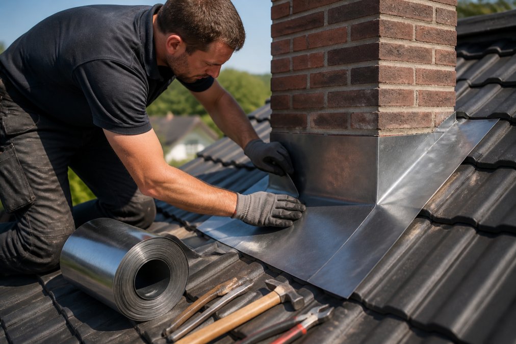 Professionele dakdekker bezig met het voorzichtig vormen van lood op rol rond een schoorsteen, met beschermende handschoenen en gereedschap zichtbaar op een zonnig dak