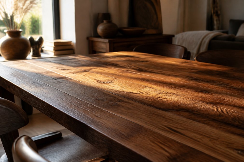 Close-up van een massief houten eettafel met zichtbare houtnerf en warme bruine tinten, warm daglicht vanuit een raam valt schuin over het tafeloppervlak, rustieke woonkameromgeving met een vaas en boeken op de achtergrond