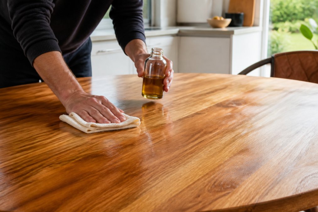 Persoon die met een zachte doek en houtolie een massief houten eettafel inwrijft, close-up op handen en het glanzende tafeloppervlak, lichte keukenomgeving met natuurlijk daglicht