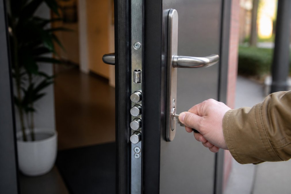Close-up van een voordeur met een meerpuntssluiting waar de vergrendelingspunten zichtbaar zijn langs de deurrand, met een hand die de sleutel omdraait in het slot