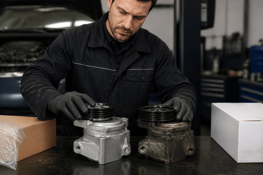 Professionele monteur die twee auto-onderdelen naast elkaar op een werkbank inspecteert in helder werkplaatslicht - links een origineel fabrieksonderdeel met duidelijk merklogo en rechts een aftermarket alternatief, met zichtbare verschillen in afwerking, verpakking en precisie