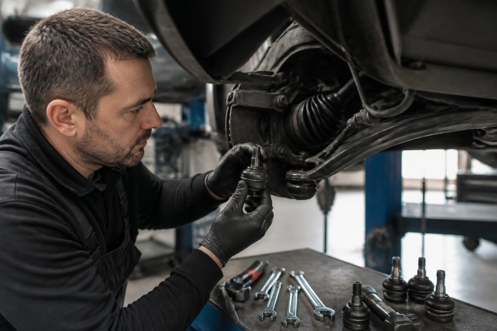 Ervaren technicus die onder helder werkplaatslicht een auto-onderdeel nauwkeurig inspecteert, controleren op pasvorm, afwerking en montage-compatibiliteit met gereedschap in hand