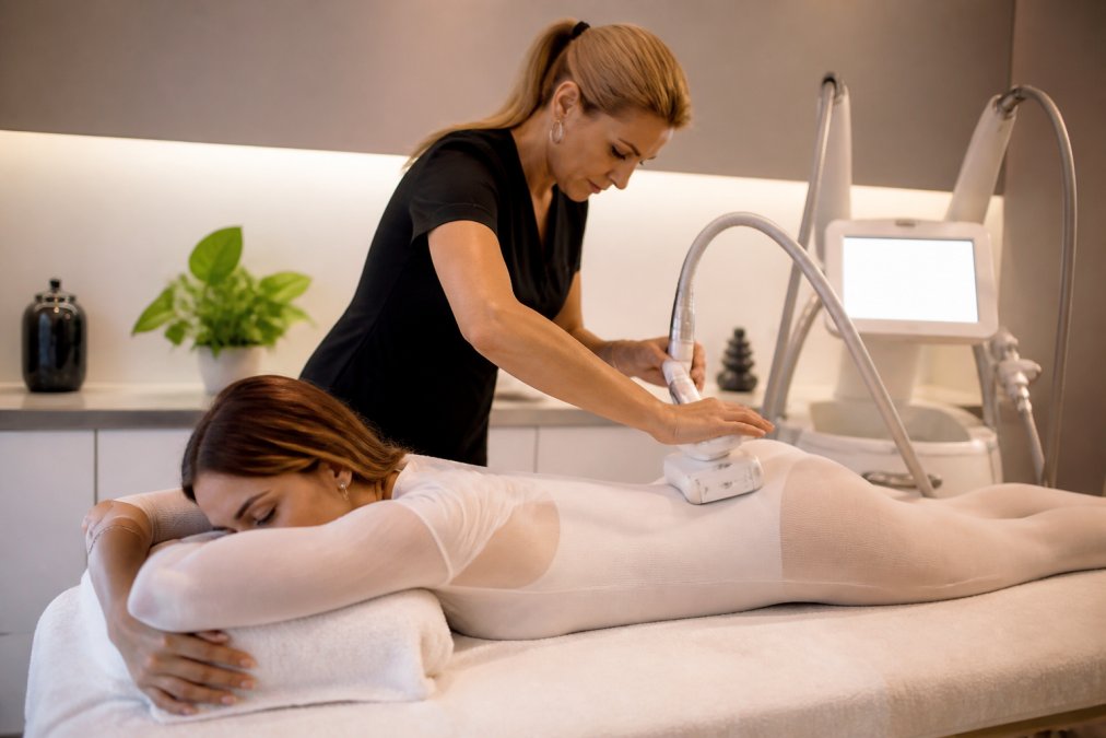 Behandelaar voert een LPG Endermologie bindweefselmassage uit op een been voor optimale huidstructuur in Schilde