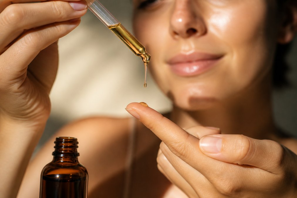 Gouden druppels arganolie voor gezicht vallen uit een glazen pipet op een vingertop bij warm daglicht