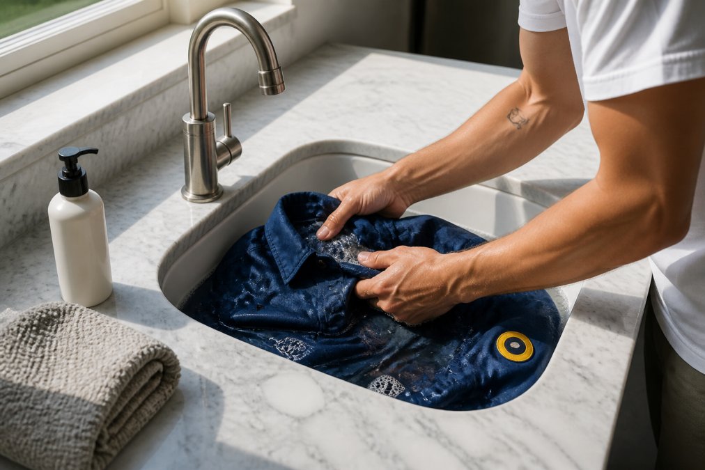 Iemand wast voorzichtig een premium streetwear kledingstuk in een wasbak met koud water, waarbij handen zacht het materiaal reinigen. Een flesje mild wasmiddel en een handdoek liggen op de marmeren wastafel, natuurlijk daglicht valt door het raam