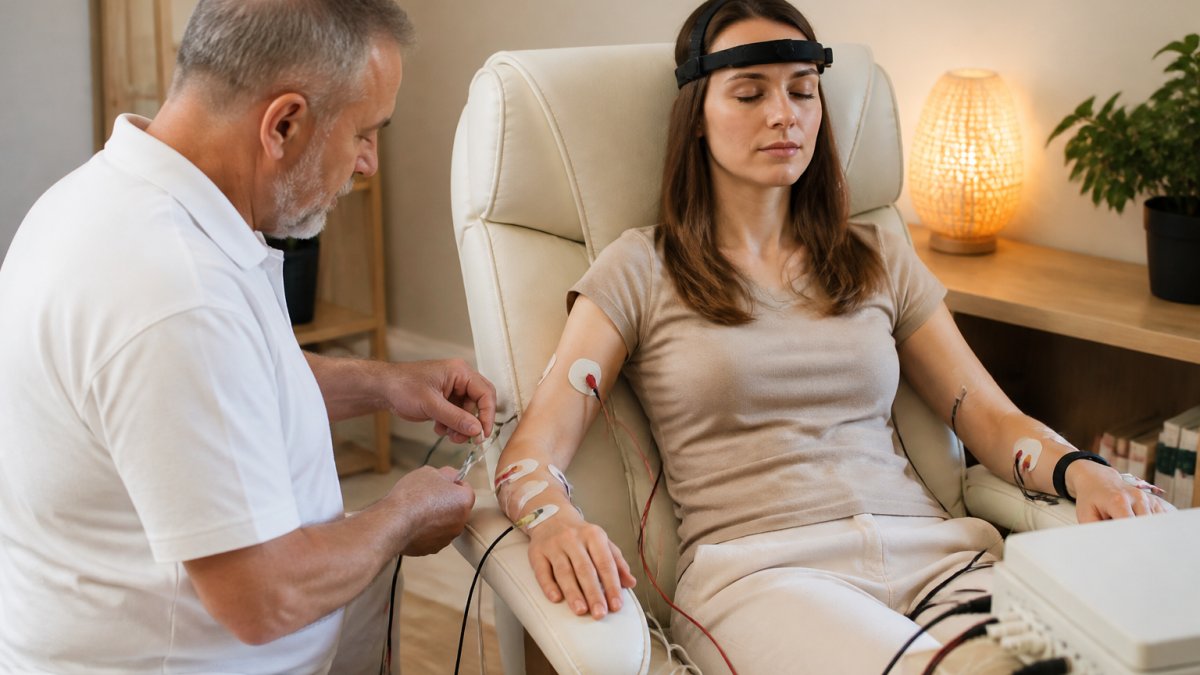 The therapist performs a vital field measurement—the patient sits relaxed while modern measurement electrodes are attached; the practice environment is quiet with dimmed lighting