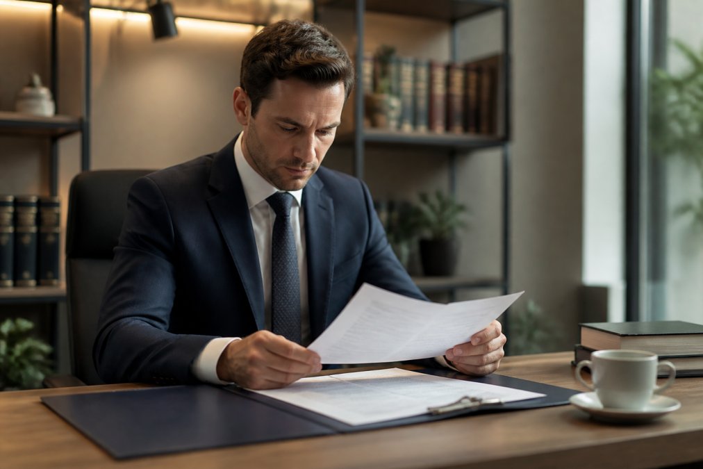 Business professional in a tailored suit reviewing legal documents at a clean modern desk with a laptop and a cup of coffee, focused expression, warm office lighting suggesting careful asset protection planning