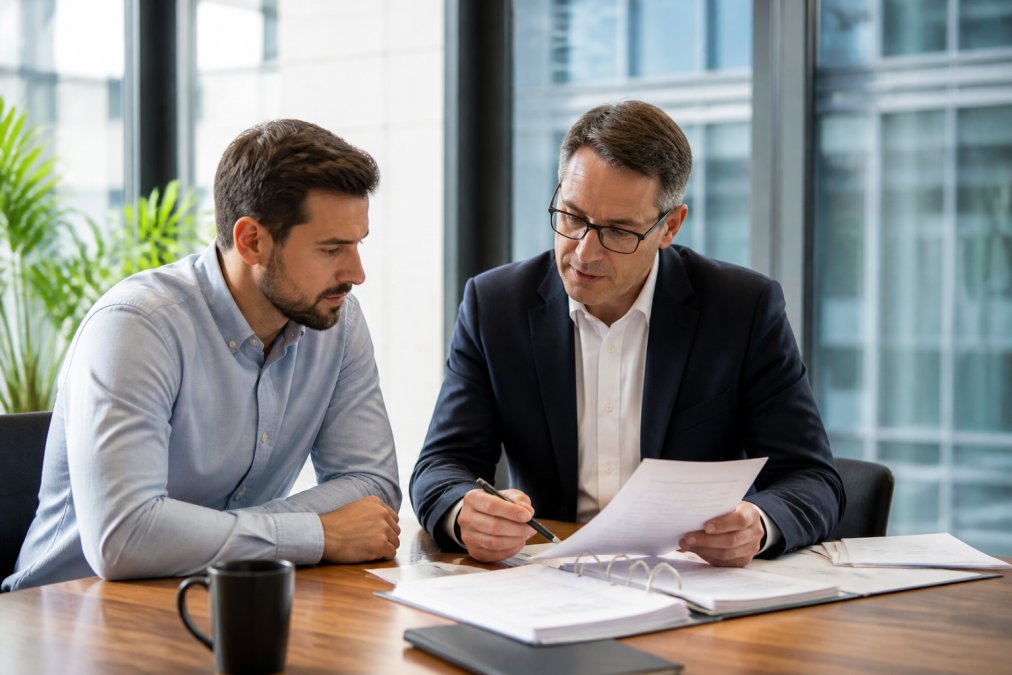 Person in business casual attire consulting with a professional advisor over tax documents and a laptop in a bright professional office, both looking at documents together, suggesting cross-border tax planning