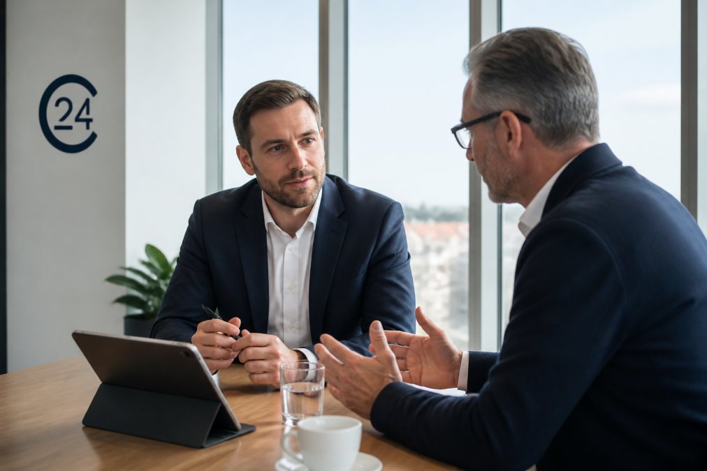 Zwei Unternehmer im Gespräch an einem Besprechungstisch, ein Tablet mit einem Organigramm der Konzernstruktur zwischen ihnen, helle moderne Büroumgebung mit großen Fenstern, konzentrierte Atmosphäre