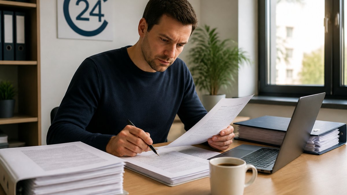 Gründer sitzt an einem Holztisch und vergleicht Notarkostenrechnungen und Vertragsentwürfe, daneben ein Laptop mit offener Registeransicht, warmes Tageslicht durch ein Bürofenster