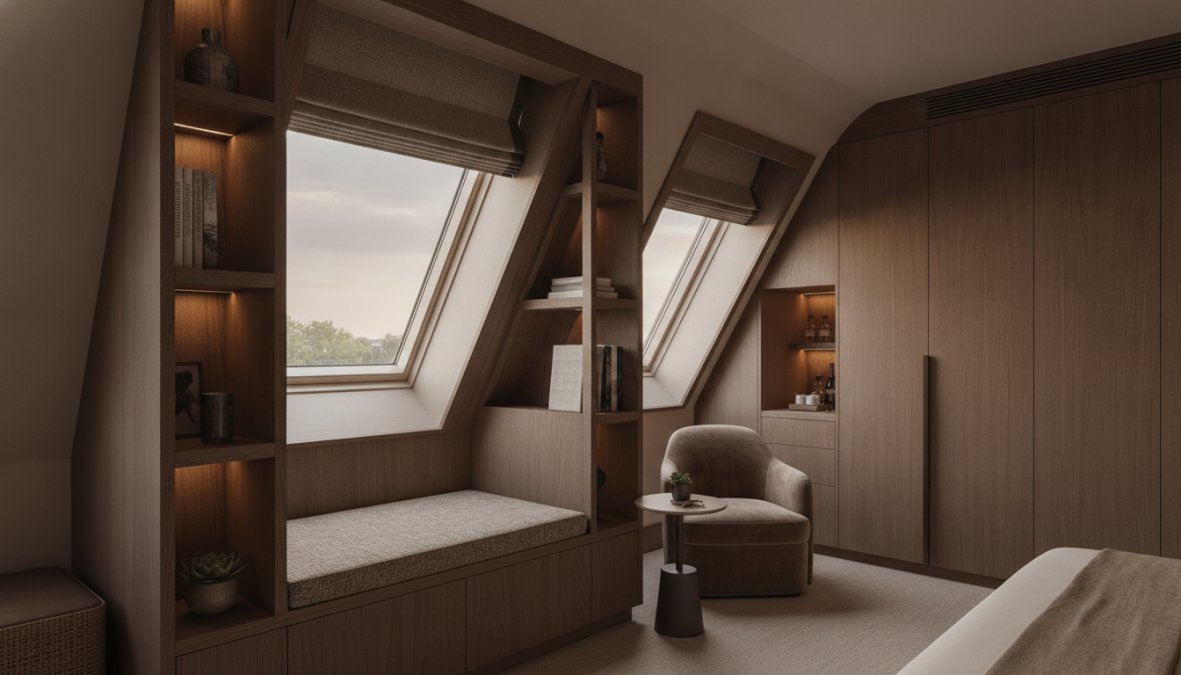 Luxuriöses Hotelzimmer mit maßgefertigten Einbaumöbeln, die perfekt in eine Nische unter einem Dachfenster passen; detaillierte Nahaufnahme zeigt millimetergenaue Anpassung der Kanten