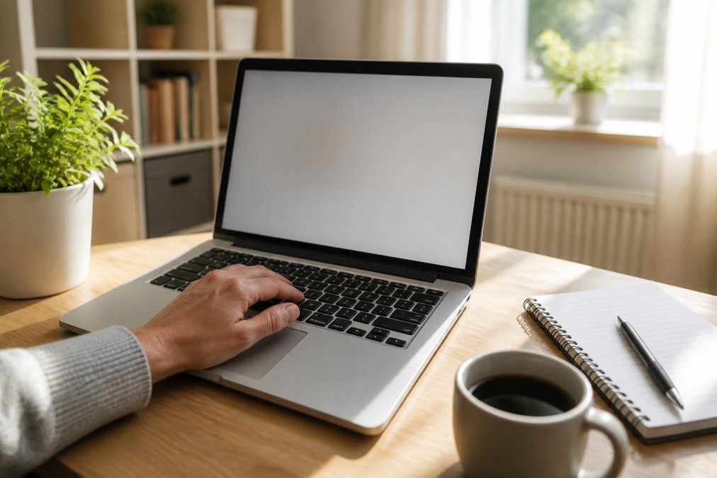 Nahaufnahme einer geöffneten Hand auf einem Laptop, die eine schnell ladende WordPress-Website in einem hellen Homeoffice zeigt, daneben ein Notizbuch und eine Tasse Kaffee