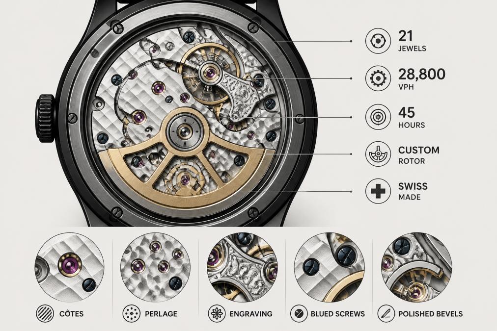 Close-up of an open watch caseback revealing an ornate mechanical movement with jeweled bearings and hand-finished surfaces, showing the intricate caliber and decoration inside