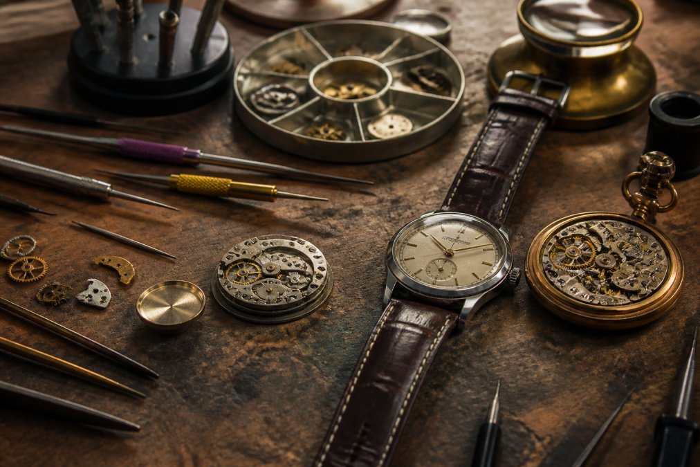 Watchmaker's workbench with vintage pocket watch components, conversion tools, and a finished wristwatch conversion displayed alongside the original pocket watch movement