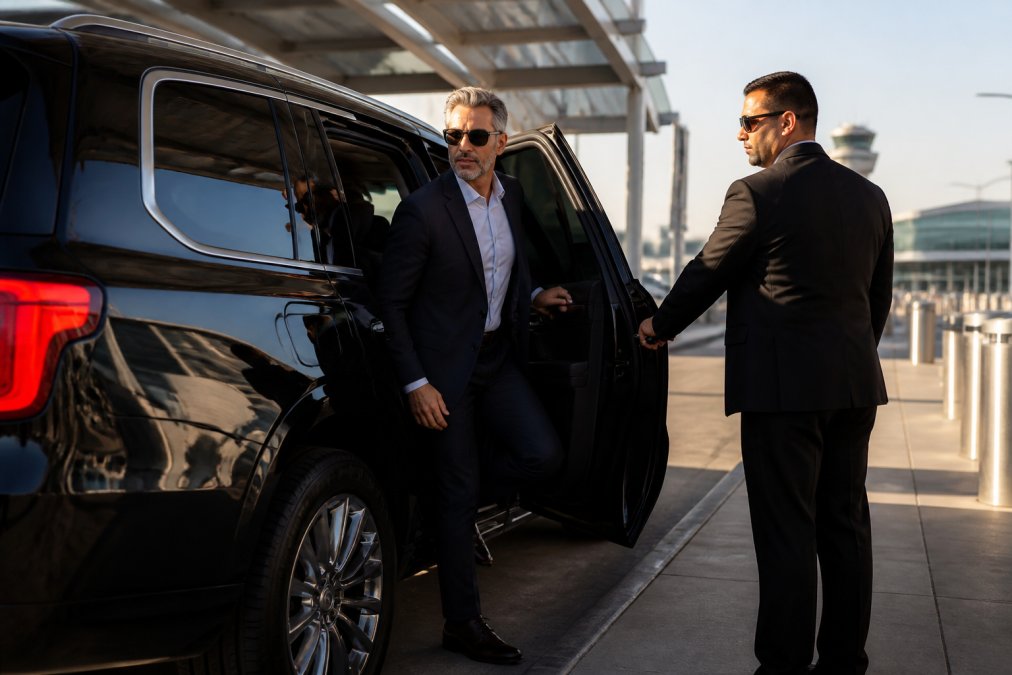 Professional business executive in tailored suit stepping out of a luxury black SUV at an airport terminal, driver opening the door, morning sunlight illuminating the scene