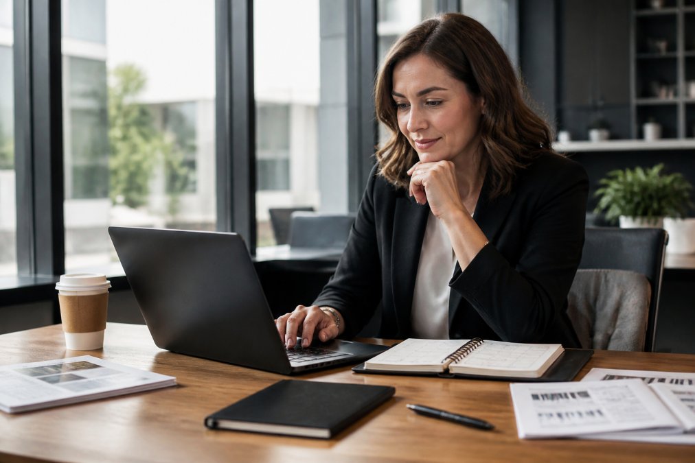 Corporate travel coordinator reviewing transportation options on laptop at modern office desk with calendar and planning documents, natural office lighting