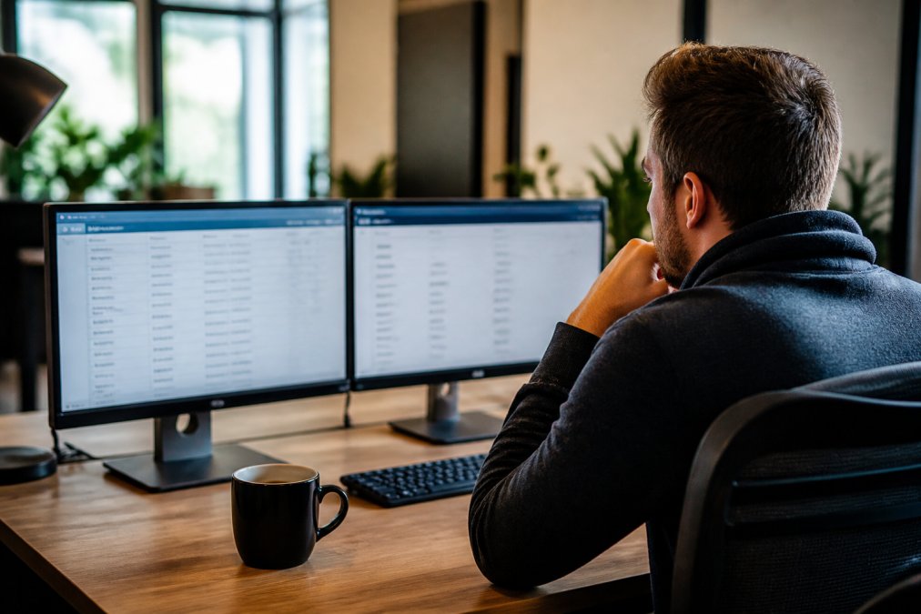Een persoon vergelijkt hostingpakketten op twee monitors in een moderne kantooromgeving, met een kop koffie op het bureau, natuurlijk daglicht door het raam