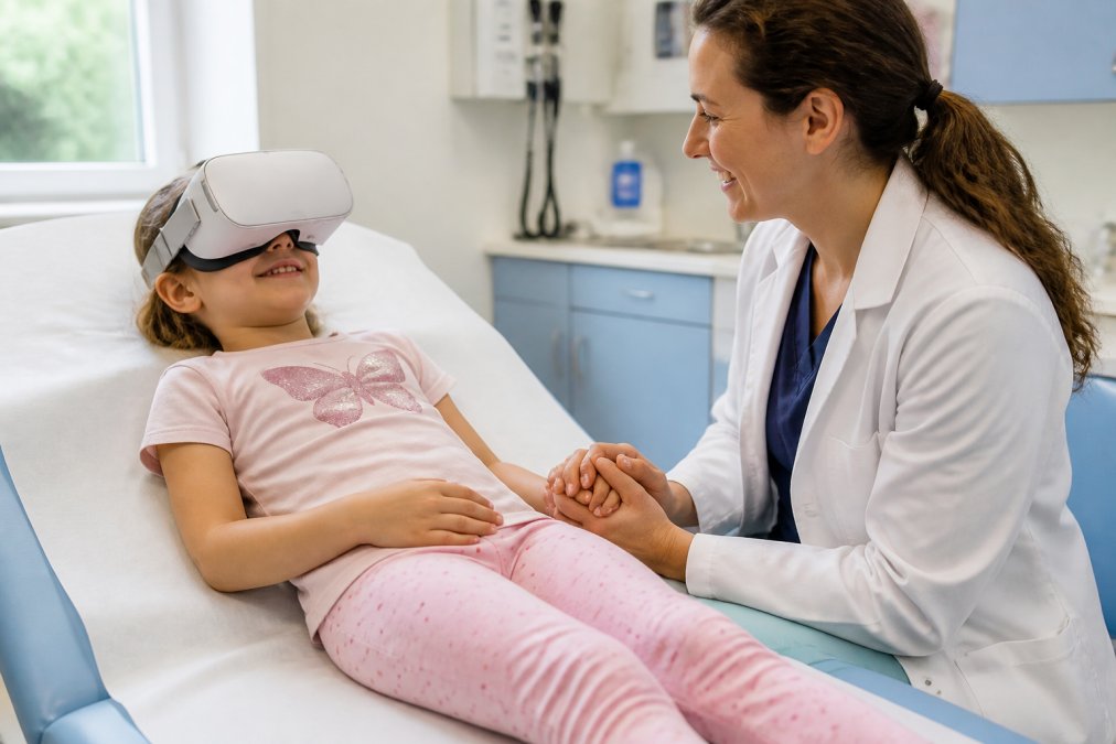 Ein Kind liegt auf einer Behandlungsliege in einer hellen Kinderklinik, trägt eine VR-Brille und lächelt, während eine Ärztin daneben sitzt und beruhigend die Hand des Kindes hält.