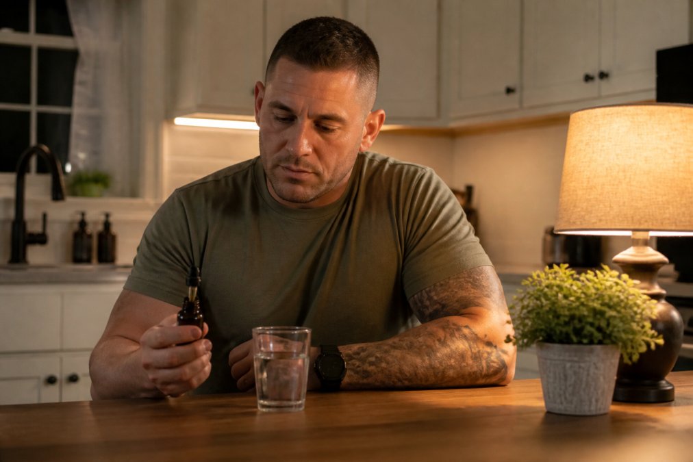Infographic process showing a veteran using liquid supplements as part of a calm daily veteran wellness routine.