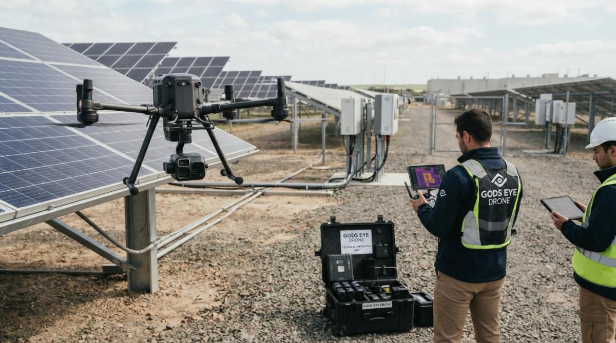 Professional drone pilot operating a quadcopter equipped with thermal imaging camera over an industrial facility, checking equipment on a clear day with natural sunlight illuminating the scene