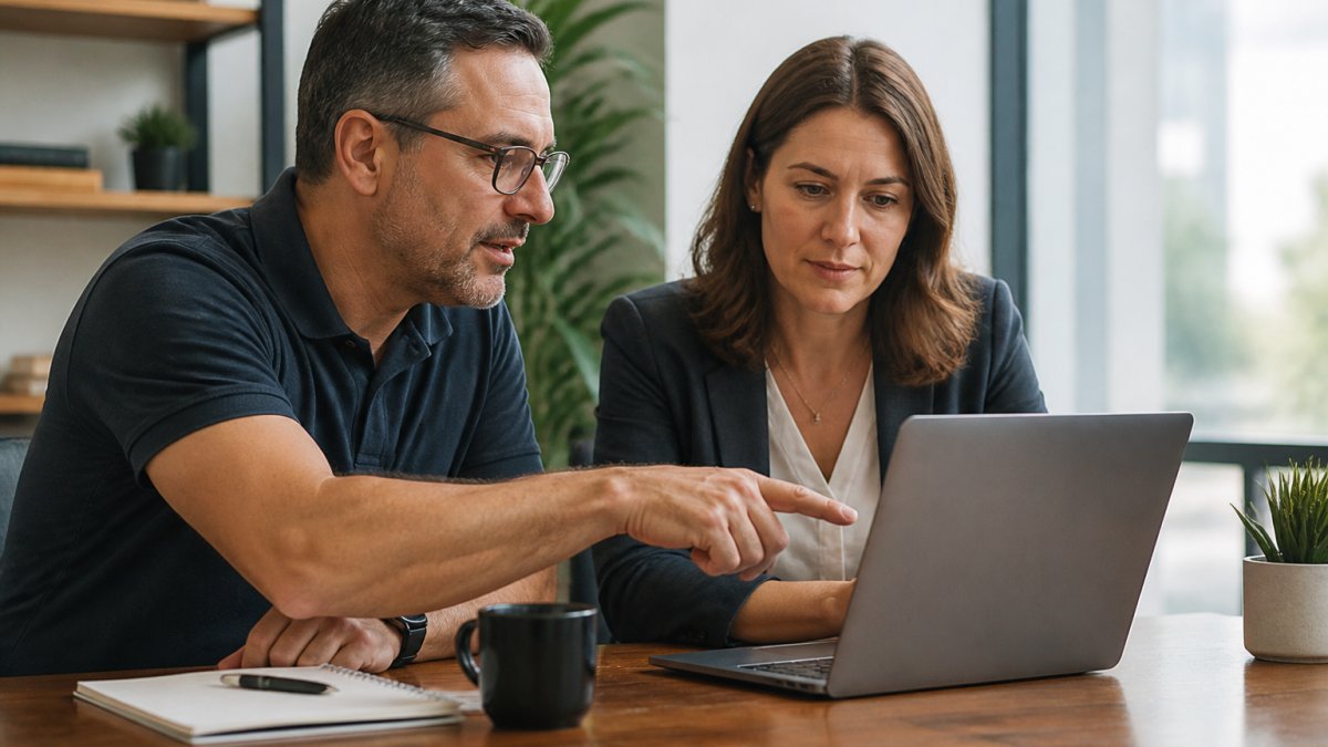 A small business owner and an IT consultant reviewing a comparison checklist on a laptop in a bright office, with a notepad and coffee on the desk