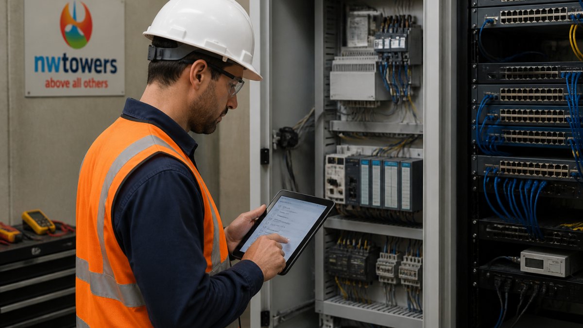 An OT engineer in a hard hat and safety vest reviewing a tablet checklist inside an industrial control room, with PLC cabinets and network switches visible in the background