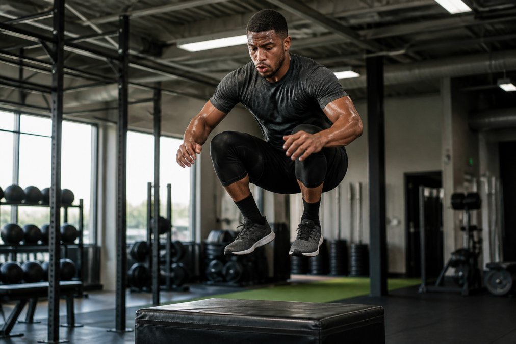 Athlete performing high-intensity interval training in a gym, wearing fitted moisture-wicking performance gear while executing explosive plyometric movements, visible sweat on technical fabric, bright gym lighting