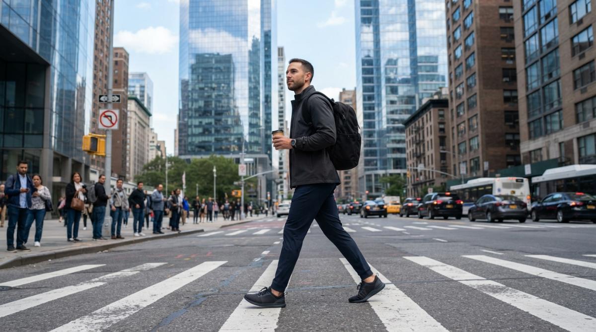 A young professional man wearing premium athletic pants and a dark jacket walking confidently across a city crosswalk with a backpack, carrying a coffee cup, with glass office towers in the background