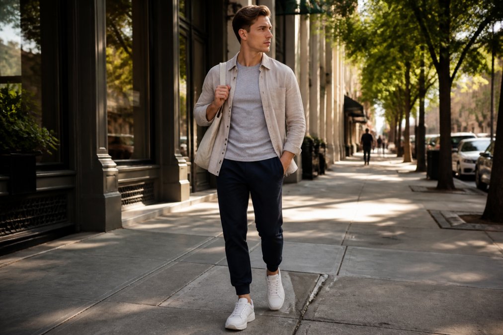 Professional wearing layered athleisure ensemble, fitted performance tee under structured linen shirt, technical joggers with clean lines, premium sneakers, walking through modern urban street with natural afternoon lighting