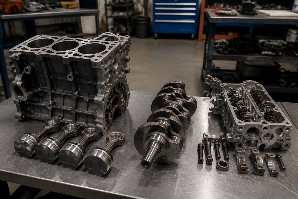 A disassembled VW engine block on a steel workbench, pistons, crankshaft, and cylinder head arranged in neat rows beside it, shop light casting shadows across the machined surfaces