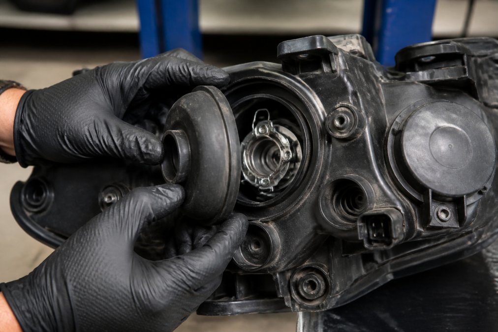 Gloved hands twisting a rubber dust cover off a vehicle headlight housing to reveal the retaining clip.