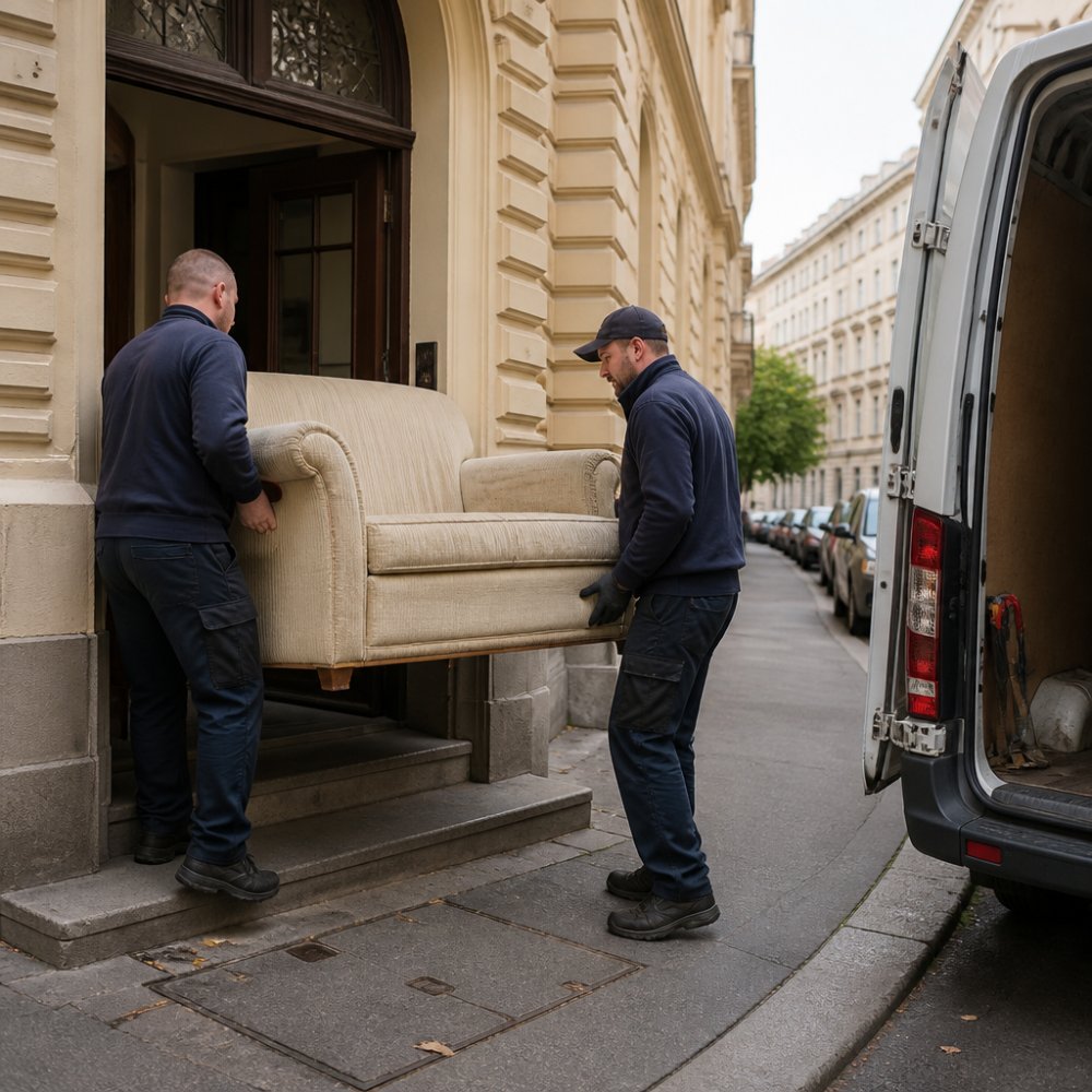 A professional clearing team in work clothes carrying an old sofa out of a Prague apartment building entrance, with a van parked nearby on a city street