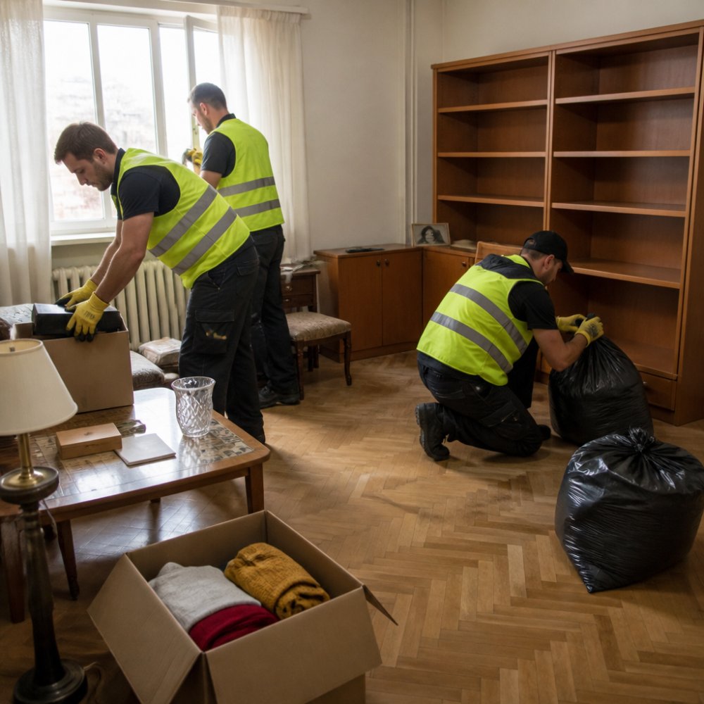 Pracovní tým v pracovních rukavicích a reflexních vestách vyklízející byt - skládání předmětů do krabic a pytlů, pohled na částečně vyklidený pokoj s prázdnými policemi