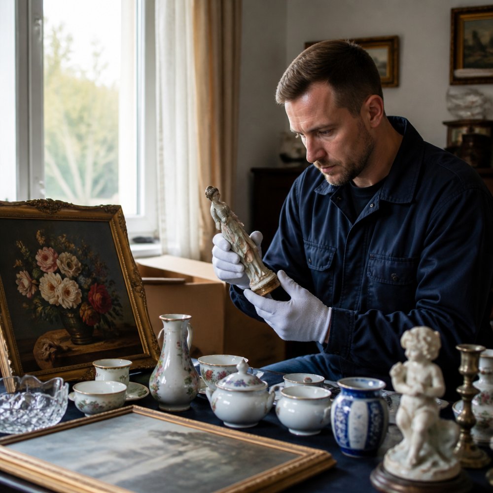 Odborný pracovník v rukavicích pečlivě zkoumá starožitné předměty v bytu - staré obrazy, porcelán a dekorace na stole, přirozené osvětlení z okna