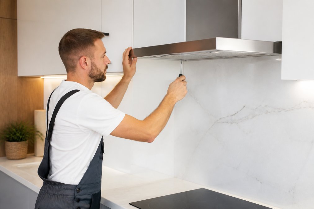 Řemeslník upevňuje nerezovou digestoř nad varnou deskou při dodržení správné výšky digestoře v moderní kuchyni.