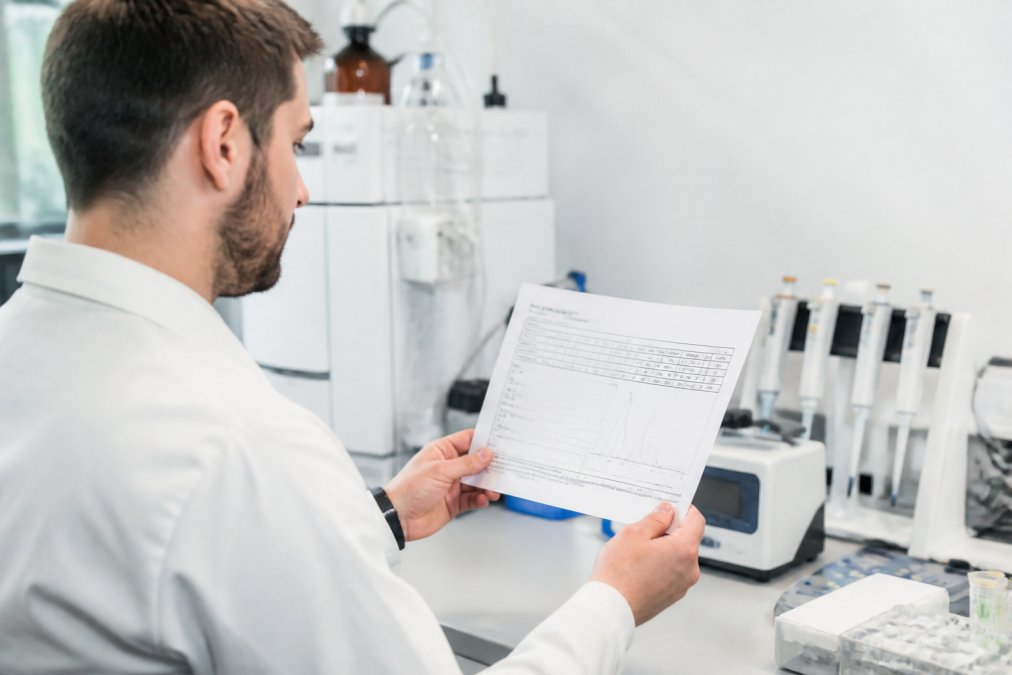 Iemand bestudeert een certificaat van analyse bij betrouwbare peptiden webshops met labapparatuur op de achtergrond.