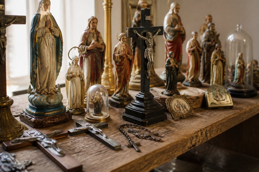 Gros plan sur une collection d’objets religieux antiques : statues de saints, crucifix et objets de dévotion soigneusement présentés sur une étagère en bois, avec une lumière naturelle qui met en valeur les détails et les couleurs