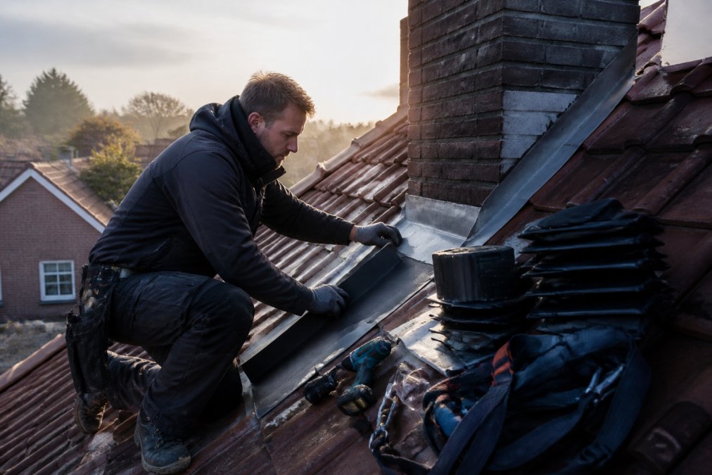 Een dakdekker op een hellend pannendak die een rol bladlood voorzichtig losmaakt, naast hem een stapel loodvrije onderdelen, gereedschap en veiligheidsmiddelen binnen handbereik, zacht ochtendlicht